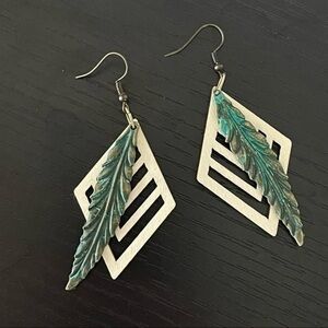 2/$29 Handmade Carved Wood Brass Feather Earrings 3” Boho Geometric Western